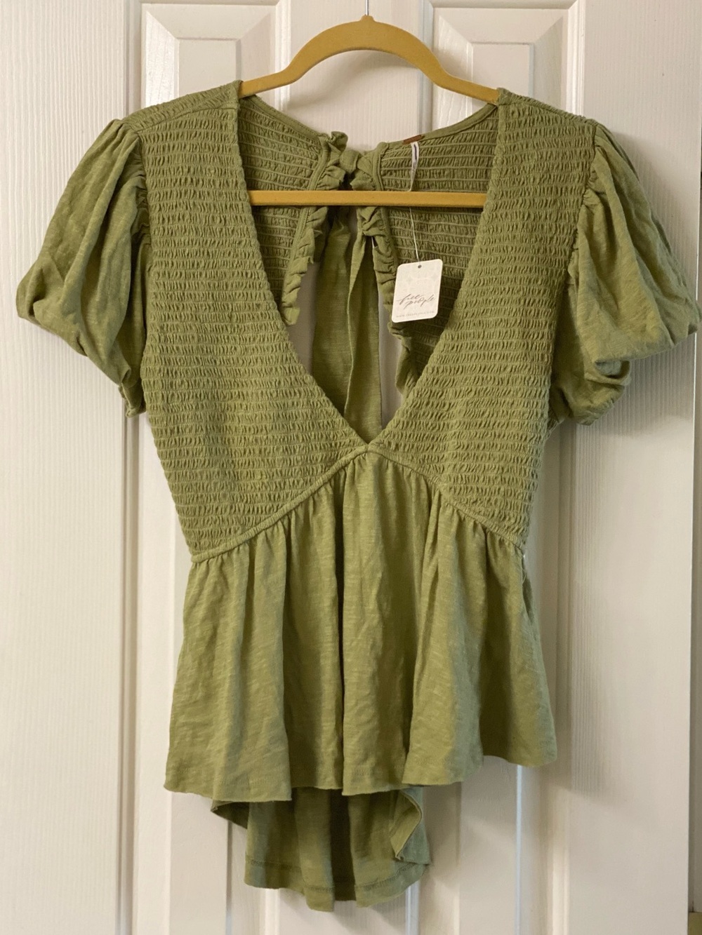 Free People Charlotte Smocked Deep V-Neck Peplum Top — Size Large NWT